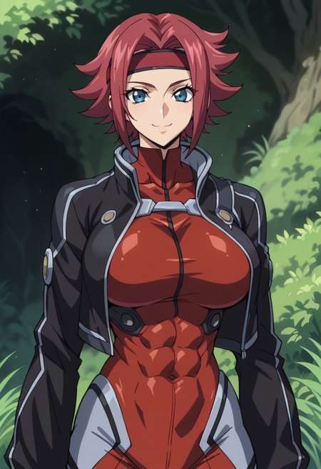 score_9, score_8_up, score_7_up, score_6_up, BREAK, 
1girl, solo, red hair, short hair, blue eyes, large breasts, Black jacket, red headband, body suit, pilot suit,
torso, beautiful face, (revealing clothes), (tight outfit: 1.3), tall girl, sexy smile, abs, very fit, muscles, toned, huge breasts, slut, whore, round breasts, breasts together,