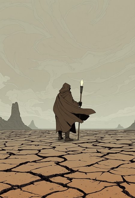 frank frazzeta ghibli and moebius inspired post-apocalyptic wasteland setting, era ancient future, muted colors with stark contrasts, solo,  a lone sorcerer stands on a cracked, barren landscape, their cloak billowing in the wind, ¬the sky above them is filled with swirling clouds in muted grays, and their staff glows faintly with magical energy, simple and desolate, the contrast between the figure and the bleak environment emphasizes their isolation.