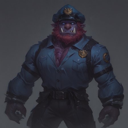 score_9 up, score_8 up, score_7up, solo, 
Trundle, purple skin, red hair, pink nose, tusks, facial hair, blue jacket, black pants, black gloves, long sleeves, 3 fingers, police badge, belt, chest strap, police uniform,
simple background, waist up,
tight clothes, wide shoulders, wide chest, small head, muscular