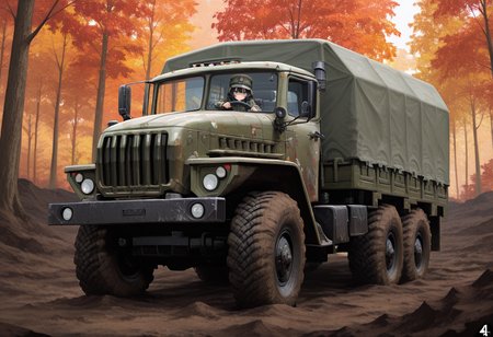 masterpiece, best quality, Graphic Design, color art, vibrant colors, intricate details, high contrast, detailed background, beautiful detailed, beautiful face, detailed eyes, detailed face, new, newest, 1girl, solo, military uniform, driving, ur4l, truck, military vehicle, car, tarpaulin, outdoors, vehicle focus, forest, dirt, mud,