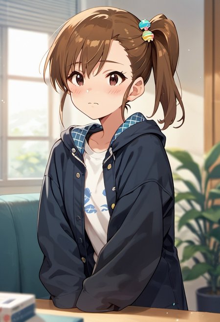 score_9, score_8_up, score_7_up, source_anime, futami mami, brown hair, side ponytail, brown eyes, 1girl, sleeves past wrists, blush, sleeves past fingers, indoors, hair ornament, blurry, solo, long sleeves, shirt, jacket, closed mouth