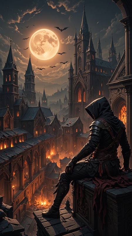 (Horde of Assassins Creed), polarized, at night, Sitting on the roof of ancient Church, looking down on to the burning city, Red Moon, filled with forbidden knowledge, where scholars and sorcerers search for lost spells among the dusty tomes. Ghostly guardians patrol the aisles, ready to protect the secrets within, dark magic and grotesque creatures abound, punk aesthetic, dark fantasy world combines grim landscapes with vibrant, Deep colorful art, heroes skirmish monstrous foes in a setting where rebellion, decay, and mysticism intertwine, crafting a unique, immersive vibe, hyper detailed, professional poster art, bold lines, award winning, trending on ArtStation , (intricate details, masterpiece, best quality), dynamic pose, (Use Dream Diffusion Secret Prompt), <lora:3D_Framed_Wall_Art_-_By_DICE:1>, (Framed 3D), UHD
