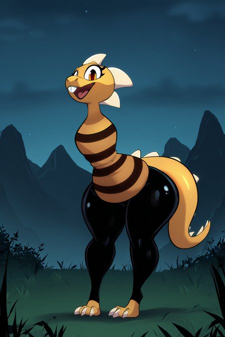 feminine, masterpiece, best quality, newest, absurdres, highres, seductive, monsterkidut, scalie, monster, (armless, amputee 1.4), striped shirt, outdoors, black leggings, buck teeth, dark setting,
BREAK
dynamic background,  <lora:Monster_Kid_Undertale_IL:1>
