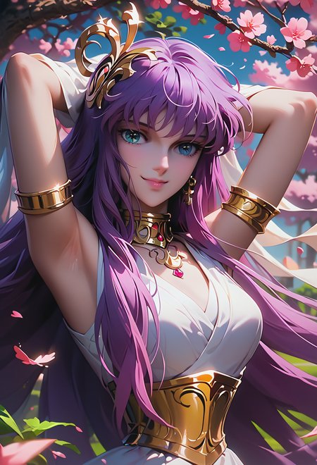 score_9, score_8_up, score_7_up, 
<lora:SaoriKido_Pony_v11-12:1> athenakido, sleeveless dress, athena_accessories,
smile, headshot, Placing hands behind head,
serene courtyard with cherry blossom trees in bloom,