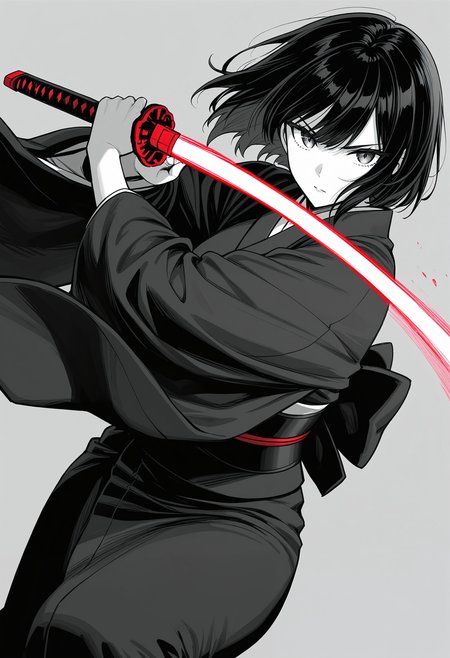 masterpiece, best quality, absurdres, knibor, monochrome, greyscale,
1girl, solo, kimono, katana, energy sword, red sword, fighting stance, slashing,
simple background