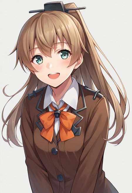score_9, score_8, score_7, source_anime, kumano (kancolle), ponytail, 1girl, solo, looking at viewer, hair ornament, blush, smile, school uniform, open mouth