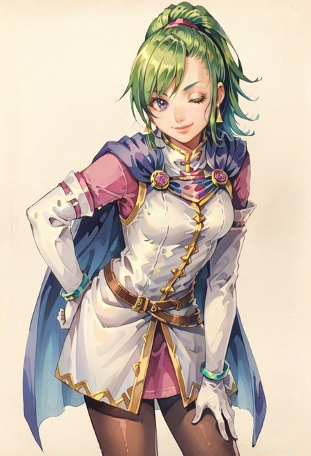 safe_pos, score_8, score_8_up, score_7_up, oblivionarts, 1girl, solo, female focus,  solo, Karis_GS, green hair, ponytail, bangs, asymmetrical hair, sidelocks, purple eyes, triangle earrings,capelet, blue capelet, small breasts, mandarin collar, coat, white coat, ribbon trim, gold trim, undershirt, pink shirt, pink sleeves, crossed belts, miniskirt, pink skirt, white gloves, elbow gloves, bracelet, black pantyhose, standing, looking at viewer, leaning forward, bent over, smile, winking, V over eye, v, hand on own hip, hand on own thigh, cowboy shot, simple background