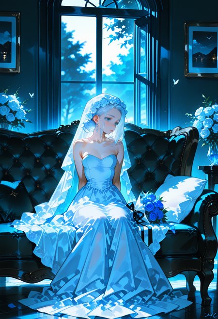 1girl,   white hair, medium hair,      small breasts,    
BREAK   1girl, sitting on couch, hands behind back,      
BREAK              wedding dress, veil, earrings, holding bouquet,  flowers are scattered on the bed), window,    
BREAK safe, ((momomo \(m0 3\):1.05), (21yc (september breeze):1.1), (qiandaiyiyu:0.65), (mame1645:0.95), (dantes ward:0.5), (sonson \(eleven\):0.7)), (dark theme, high contrast), masterpiece, best quality, very aesthetic, absurdres, highres, scenery, newest, <lora:ponyv5_noobE11_1_adamW:0.5>, <lora:UNSTABLE_v0.7-000009:0.4>