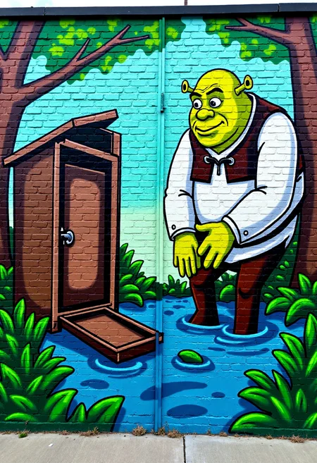 <lora:Brick_Wall_Graffiti_FLUX:1>
This is a vibrant, detailed photograph of a mural painted on a brick wall. The mural features a stylized, cartoonish depiction of  Shrek walking away from an outhouse in a swamp