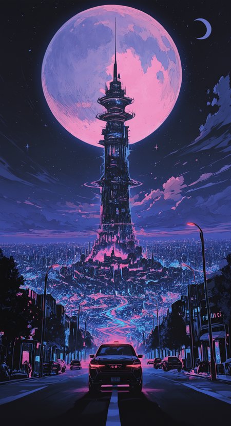 masterpiece, best quality, good quality, very awa, newest, highres, absurdres, outdoors, sky, cloud, no humans, night, shadow, moon, building, star \(sky\), night sky, scenery, motor vehicle, full moon, science fiction, starry sky, city, car, road, cityscape, lamppost, street, tower, spacecraft, truck, huge moon, limited palette, sketch, glowing, psychedelic, <lora:illustriousXL_stabilizer_v1.23:0.3> <lora:NOOB_vp1_detailer_by_volnovik_v1:0.3> <lora:ponyv6_noobE11_2_adamW-000017:0.3> <lora:114558v4df2fsdf5:0.7> <lora:mon_monmon2133:0.6>