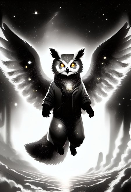 Score_9, Score_8_up, Score_7_up, lora:Navi_Celestial_Skin_PonyXL:1.1 nv-celestialskin, redpandafolk, rabbitfolk, owlfolk, foxfolk, sketch, monochrome, greyscale, YR_GradLight, 0u73r5p4c3, space, planet, nebula, galaxy, asteroid, GalaxyTelepurteSDXL, StarrySkies, scenery, stars (sky), background, night sky, vibrant colored skin, void cosmic body, deep black skin, ethereal silhouette, nebula patterns, animal theme focus, majestic owl
