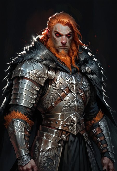 score_9, score_8_up, score_7_up, (anthropomorphic bat), Pipistrellus, (bat), (male bat), (vampire), (werebat), simple background, dark background, red eyes, menacing look, black outfit, pale skin, black wings, solo, hairy, long beard, dark heavy armour, black medieval armour, black chainmail, mythril armour, elven ornaments, fur cloak, standing up straight, calm face, ginger hair, closed mouth, cowboy shot