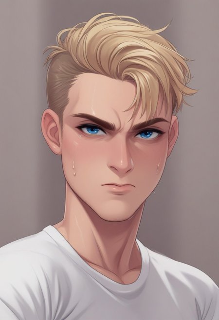 score_9, score_8_up, score_7_up, score_6_up, TSMPK Style, 1guy, solo,blonde hair, looking at viewer, closed mouth, white T-shirt, grey sweatpants, blue eyes, fair skin, upper body,