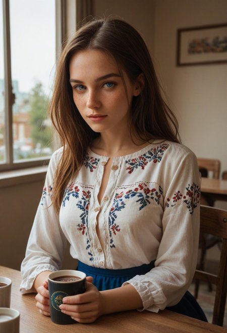 score_9, score_8_up, score_7_up, score_6_up, 
1girl, 25 years old, perfect face, adult, looking at viewer, 
blue eyes, freckles, 
ukrainian female, Vyshyvanka, Ukrainian embroidered shirt, embroidered shirt, 
embroidered shirt, skirt, modern cafe, modern city, drink coffee, sit in chair, coffee on table, side view