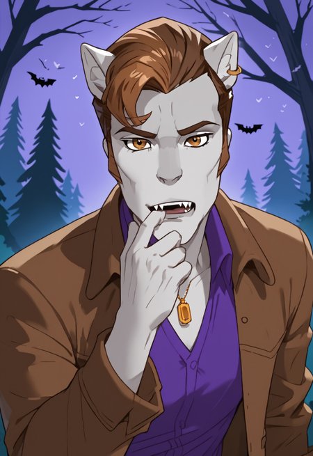 safe_pos, safe_pos, score_9, score_8_up, score_7_up, rating_nsfw, ultra hd, absurdres, solo, 1boy, masterpiece, best quality, best aesthetic, Expressiveh, wolfconf,

MHRomulus, werewolf, furry male, jacket, brown hair, purple shirt, crawling, hunting pose, looking at viewer, Halloween background, forest, howling