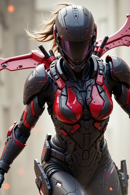 future soldier woman descending fast in bulky powered armor, broad shoulder wings folded mid-drop, reinforced leg plating built for landing impact, face obscured by cyberhelmet with heat-streaked metal, hair whips behind in aerial turbulence, glowing shield array on the back, red and black armor glowing from within, [HDR lighting, ultra real textures, intense motion, full body, 4k]










ftlas-mk.1