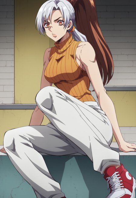 score_9, score_8_up, score_7_up, BREAK, 1girl,  red bell-bottom pants,sleeveless orange turtleneck sweater, no sleeves, red sneakers with branchy details, white hair, and brown hair, orange eyes, brown bangs, brown ponytail
