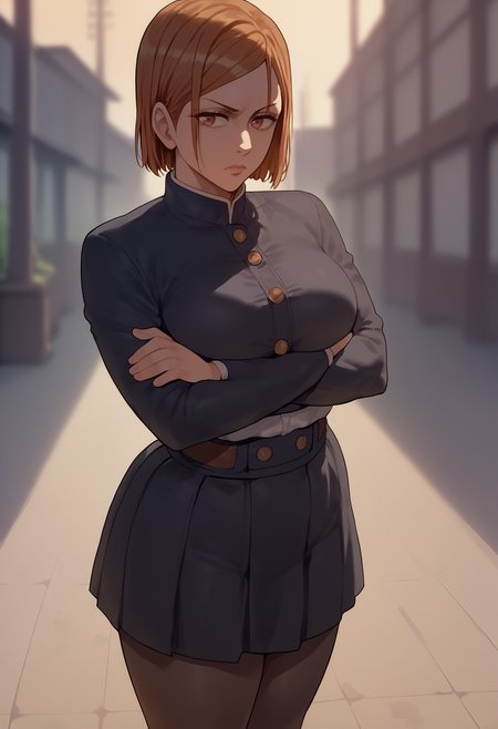 score_7_up, score_6_up, solo, 1girl, kugisaki nobara, expressionless, looking at you, standing, crossed arms, school uniform, black jacket, long sleeves, black skirt, pantyhose, large breasts, outdoors
<segment:yolo-face_yolov8m.pt,0.4,0.5//cid=1>