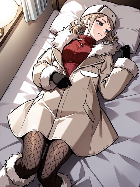 <lora:Omniscient_Readers_Viewpoint__Iris_Vladimirovna_Rebezova:1>
1girl, solo, light brown hair, short twintails, side hair strands, blue eyes, ushanka, 
beige winter coat, fur-trimmed coat, red turtleneck sweater, patterned tights, fur boots, thick gloves, white fur, winter hat, white hat with red gem, long sleeves, layered clothing, 
score_9, score_8_up, score_7_up, score_6_up, source_anime, masterpiece, best quality, top-down view, a beautiful woman lying on a bed, relaxed pose, long flowing hair spread on the pillow, soft lighting, cozy bedroom, gentle expression, elegant nightgown, delicate sheets, natural shadows, serene atmosphere, slight perspective distortion from above