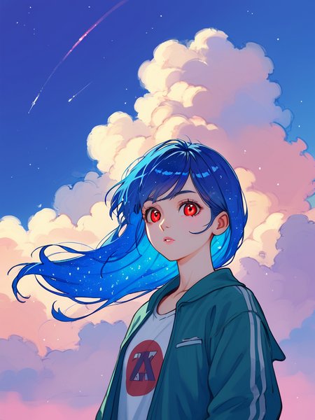 PDXL,  <lora:WaccaV1:1>, w4cc4, volumetric reflections, volumetric shadows, HDR, shot on Canon DSLR,
1girl, cute face, detailed eyes, long blue hair, red eyes, upper body BREAK galaxy in the background, clouds