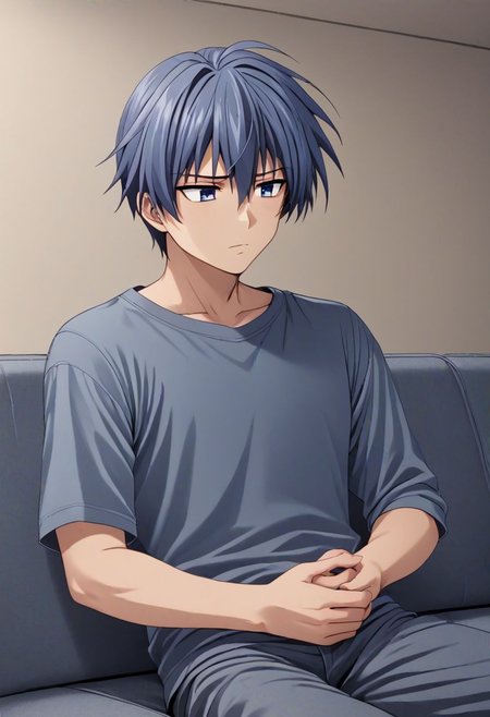 high resolution, solo, best quality, 1Boy, Tomoya Okazaki, Grey Blue Hair, deep talk, depression, sit, couch, OverallDetail