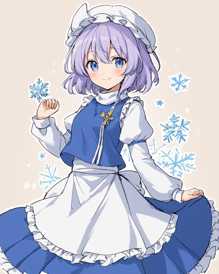 letty whiterock,1girl, solo, smile, snowflakes, blush, looking_at_viewer, white_headwear, waist_apron, dress, blue_skirt, juliet_sleeves, mob_cap, blue_vest, closed_mouth, white_apron, frills, character_name, sketch
<lora:letty_whiterock_image2226_2023-12-17-000010:1>,star-shaped_pupils,symbol-shaped_pupils,. gorgeous,key visual, vibrant, studio anime,award-winning, professional, highly detailed,high budget, cinemascope