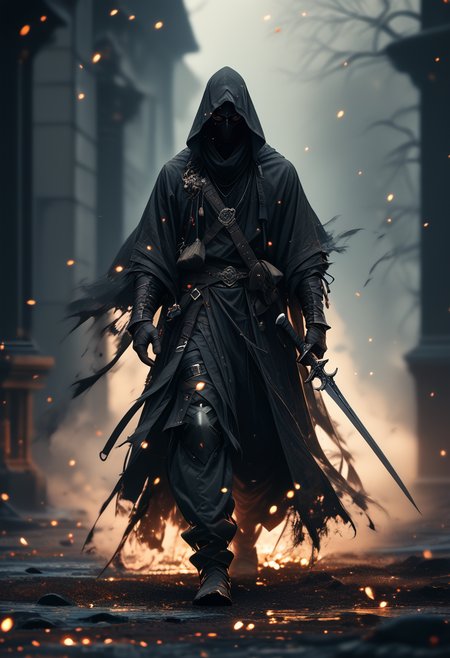 (score_9, score_8_up), score_7_up, 1male, gloves, holding, full body, weapon, belt, pants, sword, hood, holding weapon, armor, mask, knife, sheath, cloak, hood up, floating, walking, sheathed, fog, black mask
, source_anime, source_cartoon,
dof, depth of field, blurry background, embers, CINE
 <lora:unholy-000009:0.8>   <lora:CINE-000008:0.2>