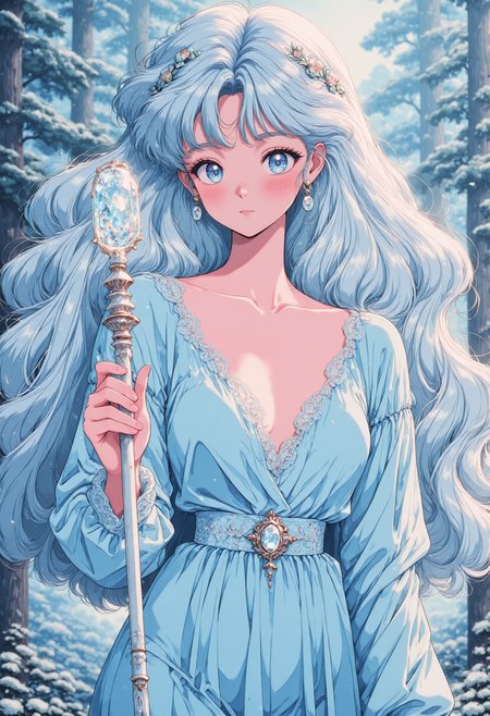 pinkretroanime, A woman with snow-white hair styled into elaborate braids, her icy blue gown covered in frost-like embroidery. She holds a crystalline staff, from which delicate snowflakes fall even in the absence of wind. The air around her shimmers with a cold, ethereal light, as if time itself is frozen.