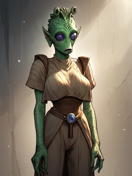 score_7_up, score_8_up, score_9, masterpiece, (1girl, solo,)perfect face, perfect hands, high quality, source_anime, high heel boots, large breasts,  cowboy shot, bulging breasts, <lora:Rodian_-_Star_Wars:1>rodian, colored skin, alien