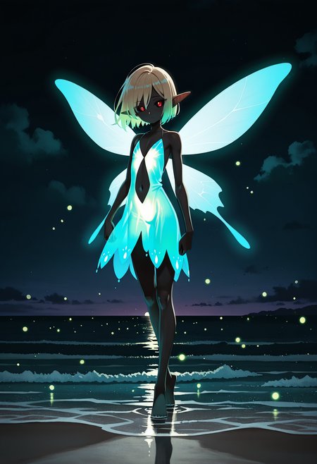 1boy, trap, pointed ears, small eyes, black sclera, red eyes, bob hair, ((blonde hair), green hair, gradient hair), skinny,
full body, fireflies, standing on water,
blue dress,solo, glowing dress, neon blue glowing, navel, cleavage, dynamic, vivid, looking at viewer, cute pose, night sky, dark, night beach, dark sea, provoactive, glowing wings, fairy wings,
kunitarouartstyle,   <lora:kunitarouartIL-style:1>