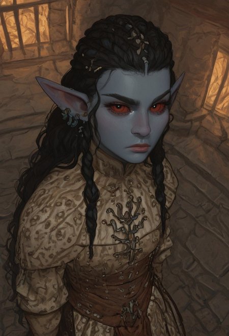 safe_pos, solo, short pointy ears, piercings, random elf face, aquiline features, female dark elf, brow rings, nose rings, beaded piercings, weathered skin, large nose, insect chitin armor, insect chitin helmet, insect chitin ornaments, stylized insect pattern, athletic build,  animated realism, zoomed out, Syrian features, torso, brass pipes and gears, intricate architecture, dwarven masonry, dwemer fixtures, white-green light, gloomy lighting, ancient ruins, interior, stone tiled floor, grey-blue skin, grey skin, mahogany and ivory clothes, medium armor, bone plate armor, ivory straps and fittings, alien bone ornaments, grey wood neckguard, red sclera, black pupils, blue-green light, neon, highly detailed, defined features, looking at viewer, three quarters view, from above, dynamic lighting, 19 years old, light and shadows, patterned cloth, annoyed expression, expressive eyes, detailed medieval clothes, medium_breasts, very long hair, wavy hair, thick hair, beaded hair, braided hair, under cut hair, semirealistic, alien elf, spanish features, jewish features, black hair, dark red hair, umber skin, sharp features, pastel green inuit print cloak, nighttime, high detail, absurdres, pretty eyes, detailed eyes, red eyes,