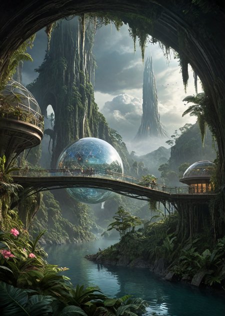 A serene, organic dwelling nestled behind a tall waterfall, offering a mesmerizing view of the iridescent jungle through the dappled water,
translucent, domed windows, flying gliders flitting between the branches, strands of luminous fog swirling through the foliage, a clear atmosphere with a distant asteroid field, a rushing planetary wind carrying the scent of unusual blossoms, a medium observatory dome, the city's geometric, angular structures and suspended walkways visible in the distance, 
A mystical, ht-time scene in the alien jungle, with the futuristic city's organic, curved structures and bioluminescent dwellings illuminated against the dark, twinkling sky,
a clear atmosphere with a nearby asteroid field, alien fungi integrated into the design, the city's suspended walkways glowing softly, unusual, giant creatures roaming the streets, a  observatory dome
, clear transparent water,  , (epic:0.84, (masterpiece:1.17), (high image quality:1.08), (RAW:0.78),high definition,<lora:LCMTurboMix_Euler_A_fix.safetensors:0.96:0.3> <lora:sdxl\pony-realism-22-nsfw-photo.safetensors:0.85:0.18>  p14,s1