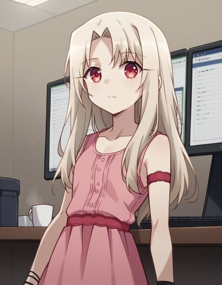 score_9, score_8_up, score_7_up, source_anime, <lora:illyasviel-von-einzbern-prisma-s2s3-ponyxl-lora-nochekaiser:1>,, illyasviel von einzbern, long hair, blonde hair, red eyes, parted bangs,, dress, collarbone, sleeveless, sleeveless dress, pink dress,, home office, working from home, computer screen, coffee cup, focus, deadline, , looking at viewer, arm wrapped around someone, solo,, cowboy shot, dutch angle