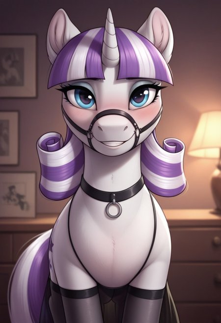 score_9, score_8_up, score_7_up, score_6_up, pony, feral, mare, solo, (twilight velvet),  no breasts, indoor, bedroom, (night), tail, photo_realistic, bridle, black stockings, silk stockings, black nightdress, transparent nightdress, blushing female, standing, looking at you, front view, face only, smiling, upper body