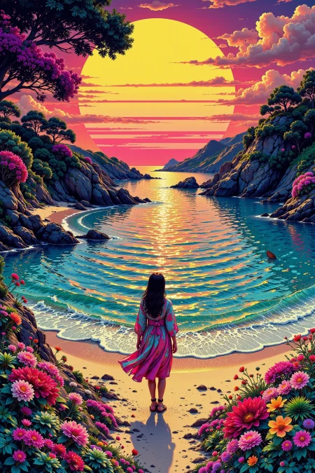japanese beach  landscape, sunset, woman, very intricate, very detailed, sharp, bright, colorful, <lora:Hand v2:0.5> <lora:Anti-Blur:1><lora:Insane Detail Slider:0.25>  <lora:flux.1_lora_flyway_Epic-detail_v2:0.3> <lora:fluxenhancer:0.25> <lora:ck-Neon-Retrowave:0.4> ck-rw, in the style of ck-rw,  <lora:Neurocore Anime Cyberpunk:0.8> A digital artwork in the style of cknc
