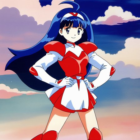 masterpiece, best quality, very aesthetic, absurdres, general, anime screencap,
1girl, solo, <lora:Tsurugino_Hikari_XL:1>, Tsurugino_Hikari, long hair, blue hair, 1990s (style), hairband, blue eyes, bangs, ahoge, small breasts,
white cloth, gloves, knee boots,  red boots, armor, skirt, smile, long sleeves, looking at viewer, red footwear, legs apart, portrait only,
smile,closed mouth, hands on own hips, standing, cloud sky, outdoor, sunlight, v-shaped eyebrows