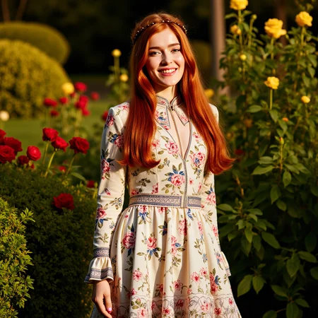 surrealist art Art Nouveau style A beautiful redhead woman wearing a stylish, flowing bohemian high neck dress adorned with intricate floral patterns. The dress has long, bell-shaped sleeves and a layered skirt that dances gracefully as she moves. Her hair is styled in loose waves with a subtle braided crown. She stands in a lush garden filled with vibrant flowers and greenery, illuminated by warm, golden sunlight. Her expression is serene and joyful, complementing the natural beauty of the scene, at night, beautiful smile, sensual pose, playfully smiling  <lora:jialissa-ultimatev2:1> . elegant, decorative, curvilinear forms, nature-inspired, ornate, detailed . dreamlike, mysterious, provocative, symbolic, intricate, detailed