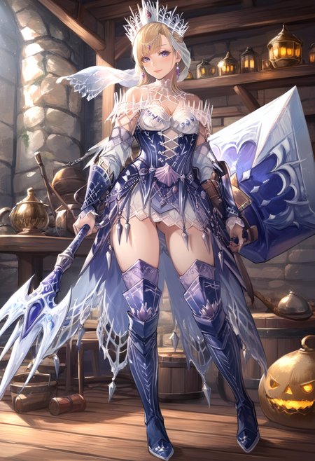 (score_9:0.9),score_8_up,score_7_up,rating_explicit,anime style,(zPDXL),<lora:velkhana beta armor ponyXL v1.2:0.77>,velkhana armor, blue short dress, 1girl, blonde hair, solo, huge hammer, blue thigh boots, blue eyes, silver crown, looking at viewer, thighhighs, purple eyes, blue bridal gauntlets, weapon on back