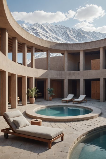 a <lora:RMSDXL_Photo:2> a large flat seamless round swimming pool within a round courtyard of a modern brutalist house in Marrakech, snowy mountains in the background, minimalist wood exterior furniture, ultra realistic and extremely detailed, cinematic mood, film photography by Julius Shulman,