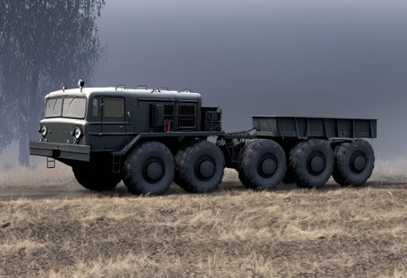 MAZ-537 Drives through the black bush, without raising a cloud of black dust, a large body behind the cabin.
side view