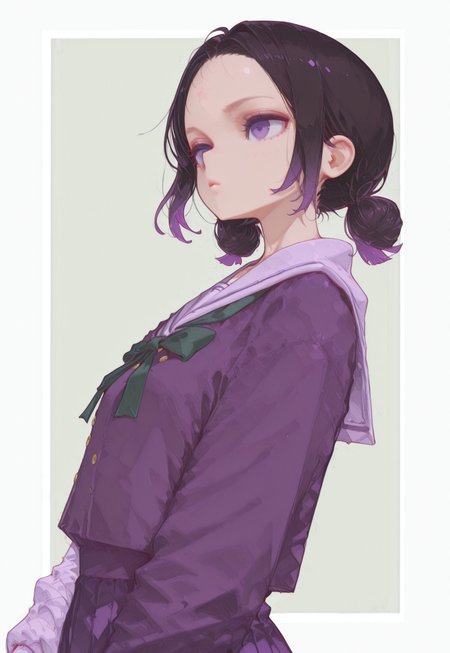 masterpiece, best quality, 32k, high resolution, absurdres, HD32k, masterpiece, high detail, extremely detailed, detailed linework, dynamic composition, (realistic), flat color, from below,

1girl, solo, low buns, black hair, purple eyes, forehead, victorian style purple japanese school uniform, pastel green background, popping out of background, upper body, [[[[[[arms stretched]]]]]], dynamic pose, loose socks , white thick border, flat chest , 

0__11Xx_illu, bW9t, fl4t,