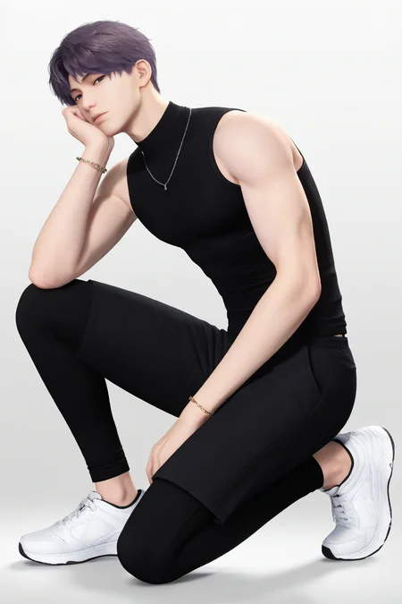 <lora:rafayel-NAI:0.7>,Rafayel, 1boy, male focus, solo, short hair, looking at viewer, shirt, jewelry, necklace, pants, from side, black pants, black shirt, full body, sleeveless, hand on own chin, shoes, sleeveless shirt, bracelet, head resting, sneakers, on one knee, white footwear, purple hair, yaoi,bara,male focus,very awa,masterpiece,best quality,amazing quality,nsfw,uncersored,highres,best quality,amazing quality,best aesthetic,absurdres,