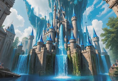 a castle magically floating in the sky, a waterfall flows from the castle to the ground, sharp faceted blue crystals decorate the castle, looking up from the ground view, see the underside of the castle