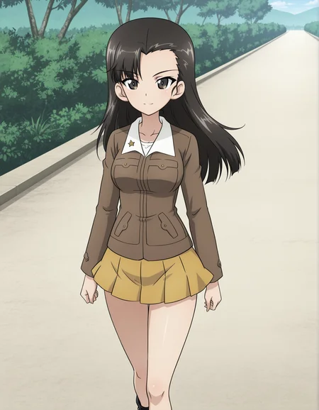 masterpiece, best quality, absurdres, highres, <lora:nishi kinuyo illu:0.9> nishiillu, chi-hatan military uniform, white shirt,  brown jacket, long sleeves, yellow skirt, walking, outside, light smile, anime screenshot, girls und panzer, solo