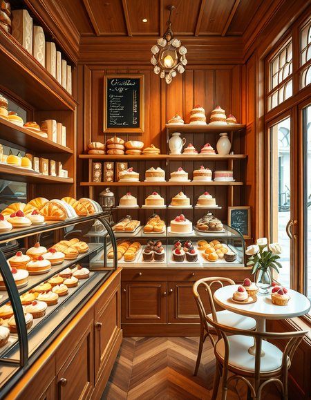A beautifully designed, elegant pastry shop with a luxurious European-inspired aesthetic. The interior features intricate moldings, high ceilings, and large arched windows that allow natural daylight to stream in, casting a soft glow over the polished marble floors. The walls are adorned with pastel-colored wallpaper, delicate gold accents, and vintage-style framed paintings of pastries and tea sets.
The centerpiece of the shop is a long glass display case filled with an exquisite assortment of pastries, including colorful macarons, delicate éclairs, fruit tarts with glistening glaze, and elegantly decorated cakes with intricate sugar flowers. Behind the counter, shelves lined with neatly arranged boxes of artisanal chocolates, fine teas, and jars of homemade jam add to the refined atmosphere. Crystal chandeliers hang from the ceiling, casting a warm golden light that reflects off the glass surfaces.
Small round tables with marble tops and wrought iron chairs are arranged neatly throughout the space, each set with fine porcelain teacups and decorative napkins. A large antique-style clock hangs on the wall above a wooden shelving unit filled with fresh baguettes and croissants resting in woven baskets. The air is filled with the inviting scent of fresh-baked pastries, vanilla, and rich espresso.
In the background, a grand espresso machine with polished brass fittings sits atop a marble counter, next to a beautifully arranged tiered cake stand displaying freshly made confections. A large, arched doorway with a carved wooden frame leads to a cozy back room with additional seating and a vintage-style menu board showcasing the shop's specialties written in elegant calligraphy. The entire setting evokes a sense of refinement, charm, and indulgence, with a warm and welcoming ambiance.
<lora:SDXLFaeTastic2400:0.4> <lora:extremely_detailed:0.4> extremely detailed, <lora:elegant_p4stry_sh0p_illus:1>,elegant p4stry sh0p, Masterpiece,best quality,hi res,8k,hi res,8k,award winning,(sharp focus, intricate, highly detailed),
