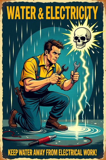 "Vintage safety poster cartoon depicting a worker foolishly attempting to repair electrical wiring while knee-deep in a puddle of water, rain pouring down around him and lightning flashing dramatically in the background. He's holding a wrench and screwdriver, with exposed, sparking wires dangerously close to the water.  His hair is standing on end, and a comical skull and crossbones appears momentarily above his head as electricity crackles around him.  The sign text in vintage font screams: 'WATER & ELECTRICITY: A SHOCKINGLY BAD MIX!  KEEP WATER AWAY FROM ELECTRICAL WORK!'  Render in a high-contrast, vintage cartoon style, using dramatic shadows and bright flashes of electricity to emphasize the danger.  Utilize a palette of electric blue, warning yellow, and stark black to create visual impact.  Visually stunning vintage cartoon, impactful safety message, high detail in rain effects, electrical sparks, and the worker's foolish actions." <lora:REMEs_War_Poster_Style:0.9> In REME's War Poster Style,âââ