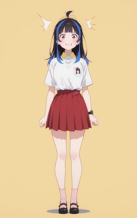 masterpiece,best quality,newest,absurdres,highres,
front view,full_shot,Shocked disbelief,looking_at_viewer,
<lora:YaemoriMiniCYQL:1>,YaemoriMiniCYQL,1girl,solo,black hair,blue hair,long hair,blunt bangs,antenna hair,streaked hair,multicolored hair,red eyes,shirt,white shirt,collared shirt,short sleeves,miniskirt,red skirt,pleated skirt,socks,pink socks,mary janes,black footwear,wristwatch,
full body,standing,grimace,,
yellow background,simple background,
<lora:spo_sdxl_10ep_4k-data_lora_webui:0.5>,<lora:EtherSDXL:0.6>,EtherStyle,<lora:illustrious_quality_modifiers_masterpieces_v1:0.7>,