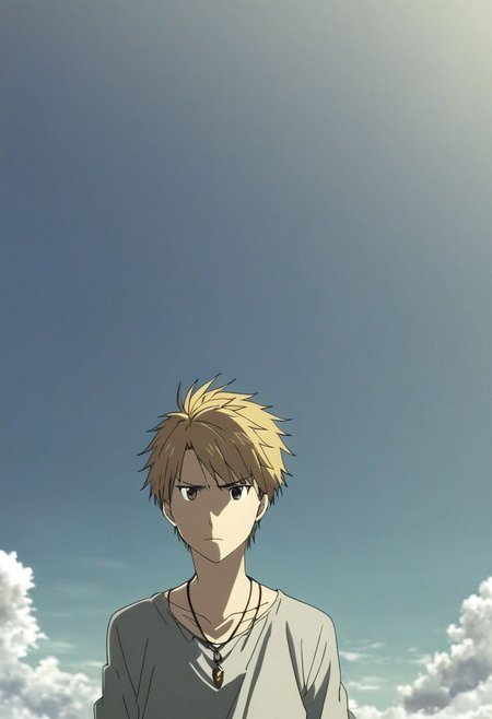 high resolution, solo, best quality, 1Boy, Yamato Ishida, Blond Hair, Necklace, gloomy, Sky, strong wind, OverallDetail