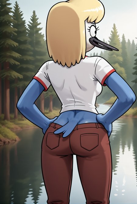 score_9, score_8_up, score_8,
 <lora:Hilary_Regular_Show_for_PonyXL:0.8> 1girl, furry female, h1l4ry, blonde hair, avian, solo, shirt, colored skin, pants, tail
parody, source_cartoon,
rear view, outdoors, forest, lake, hands on hips,