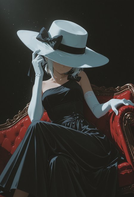 masterpiece, best quality, (anime coloring), (minimalism:0.8),
solo, 1girl, mysterious woman, white hair, short hair, folded ponytail, hat over eyes, wide brim hat, white hat, floppy hat, black ribbon bow, elegant dress, black dress, single strap clothing, white gloves, elbow gloves, elegant pose, tilted head, looking down, graceful pose, high class fashion, sitting on couch, victorian furniture, hand on hat, crossed legs, dynamic angle, dark background, high contrast, spotlight effect, cinematic lighting